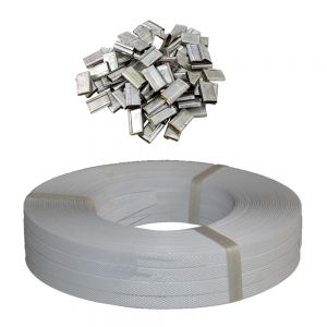120m light duty plastic strap for carton box strapping bundle packing wrapping max tension 100kg handy in small rolls with 160 clips