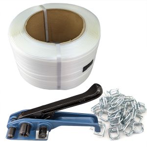1 roll/500m super heavy duty pe soft strap & 200pcs clips & tensioner for cargo strapping logistics packing warehouse packaging pallet wrapping bundle binding width 19mm max tension 800kg