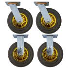4pcs set 8inch rubber caster wheel industrial solid treaded tyre 2 swivel without lock + 2 fixed for flat / rough terrain 400kg ea overrall height 240mm