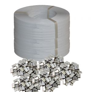 600m light duty plastic strap for carton box strapping bundle packing wrapping max tension 100kg handy in small rolls with 800 clips