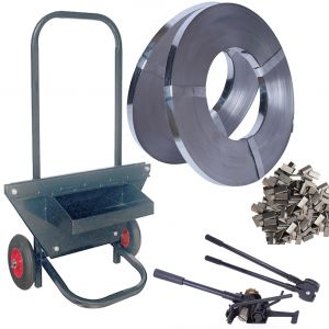 4in1 strapping kit- 2 roll/650m heavy duty metal /steel strap +500 clip +2 tools + trolley for cargo strapping logistics warehouse packaging pallet timber logs bricks width 19mm max tension 500kg