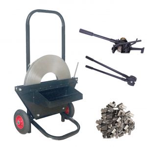 4in1 strapping kit- 1 roll/325m heavy duty metal /steel strap +200 clip +2 tools + trolley for cargo strapping logistics warehouse packaging pallet timber logs bricks width 19mm max tension 500kg