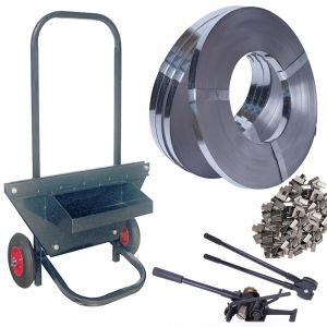 4in1 strapping kit- 4 roll/1.3km heavy duty metal /steel strap +1k clip +2 tools + trolley for cargo strapping logistics warehouse packaging pallet timber logs bricks width 19mm max tension 500kg