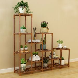 Indoor Outdoor Wooden Garden Plant Stand Multiple Shelf Shelving Small Grid Section for Planter Flower Pot Model K6
