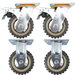 4pcs set 5inch plastic caster wheel industrial castor solid ribbed tread tyre with cover 2 swivel with brake/lock + 2 fixed non-swivel for flat or rough terrain 300kg ea